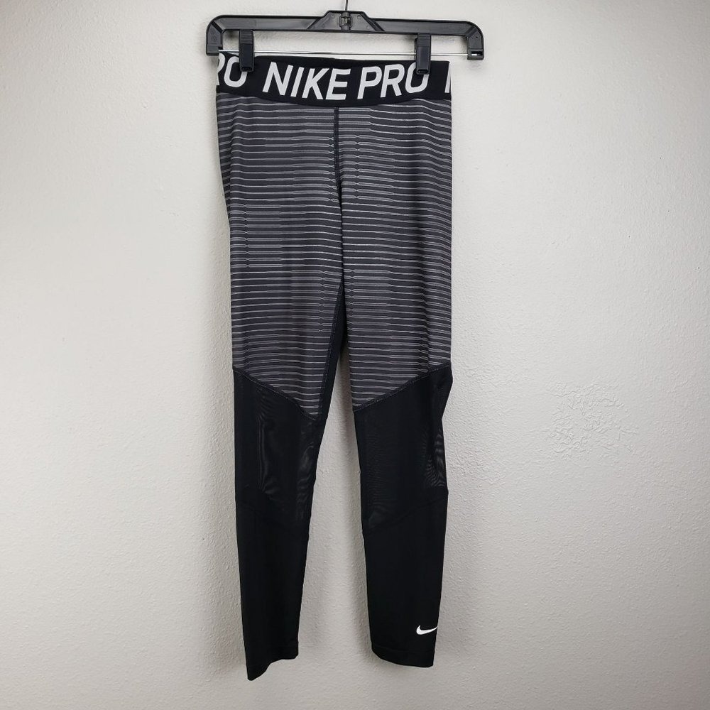 Nike Pro Womens Size S Colorblock Athletic Tights Black And Gray Stripe And Mesh
